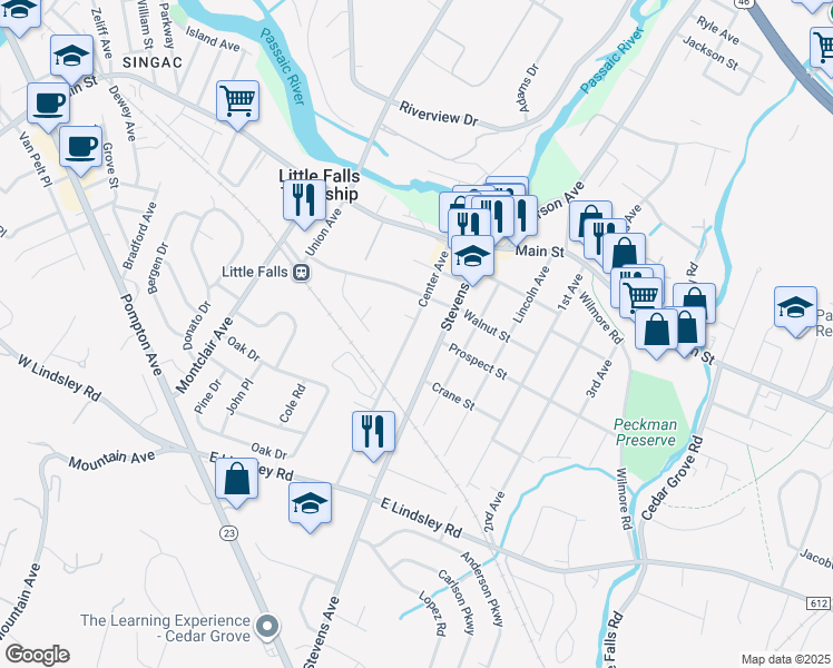 map of restaurants, bars, coffee shops, grocery stores, and more near 56 Center Avenue in Little Falls