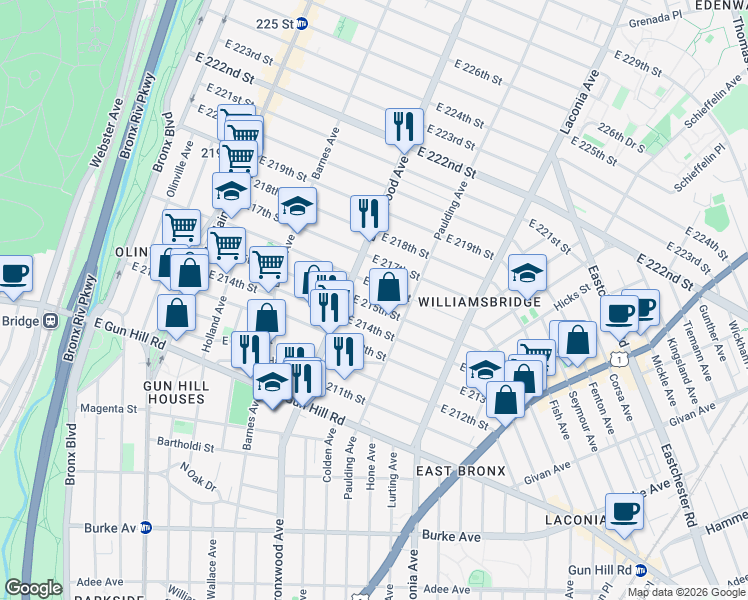 map of restaurants, bars, coffee shops, grocery stores, and more near 931 East 216th Street in The Bronx