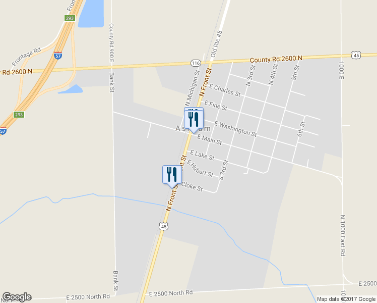 map of restaurants, bars, coffee shops, grocery stores, and more near 114 East Lake Street in Ashkum