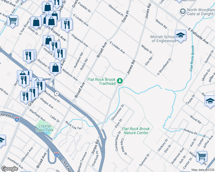 map of restaurants, bars, coffee shops, grocery stores, and more near 254 Fountain Road in Englewood