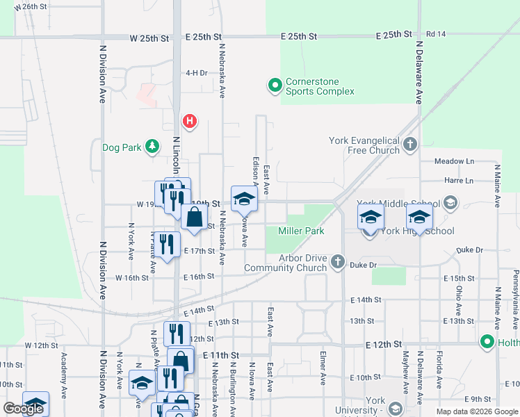 map of restaurants, bars, coffee shops, grocery stores, and more near 46 Edison Avenue in York