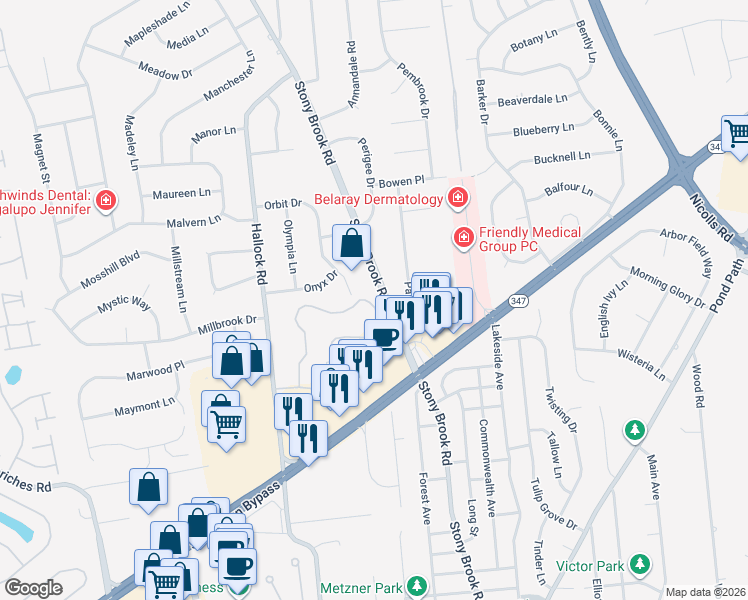 map of restaurants, bars, coffee shops, grocery stores, and more near 33 Orbit Drive in Stony Brook