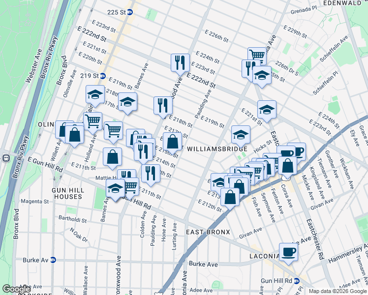 map of restaurants, bars, coffee shops, grocery stores, and more near East 216th Street in Bronx