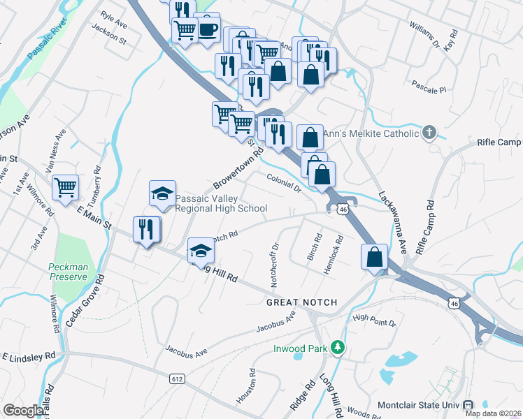 map of restaurants, bars, coffee shops, grocery stores, and more near 60 Stewart Avenue in Little Falls