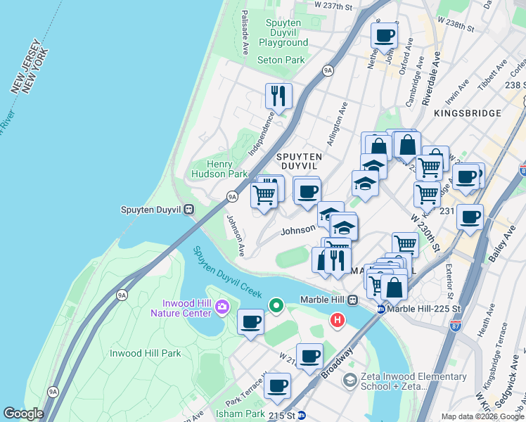 map of restaurants, bars, coffee shops, grocery stores, and more near 25 Knolls Crescent in The Bronx