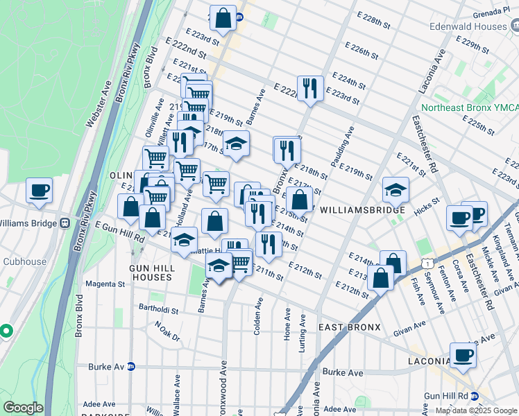 map of restaurants, bars, coffee shops, grocery stores, and more near 874 East 216th Street in Bronx