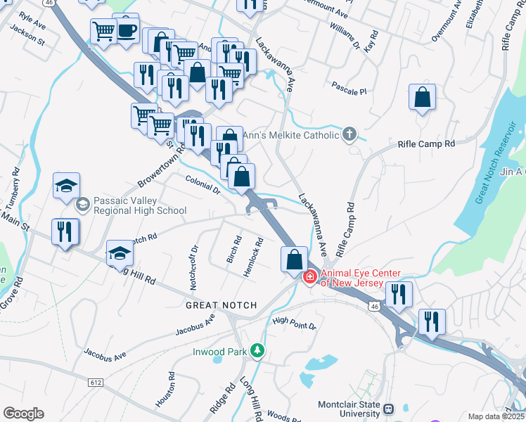 map of restaurants, bars, coffee shops, grocery stores, and more near 1710 Route 46 in Little Falls