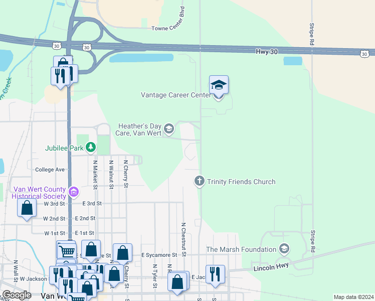 map of restaurants, bars, coffee shops, grocery stores, and more near 641 North Franklin Street in Van Wert