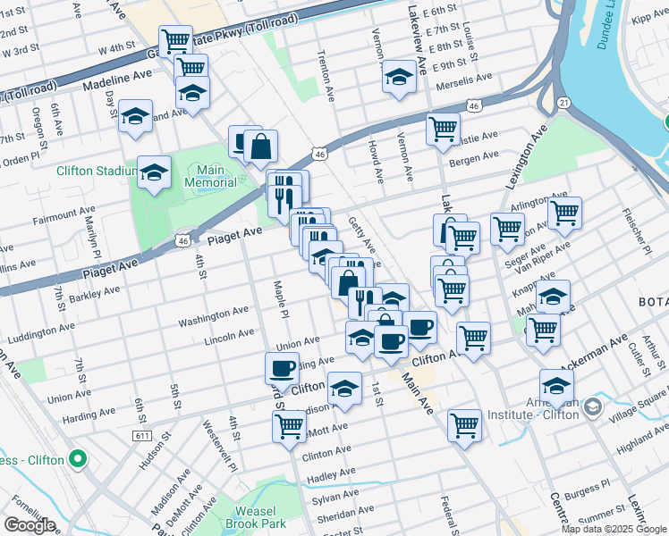 map of restaurants, bars, coffee shops, grocery stores, and more near 46 Burgh Avenue in Clifton