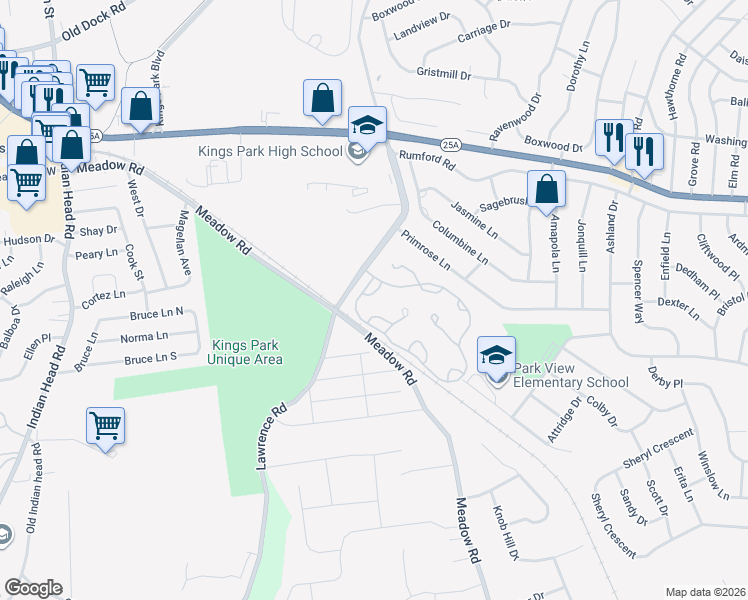 map of restaurants, bars, coffee shops, grocery stores, and more near 1 Lakebridge Drive South in Kings Park