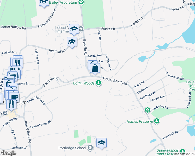 map of restaurants, bars, coffee shops, grocery stores, and more near 4 Matinecock Court in Locust Valley