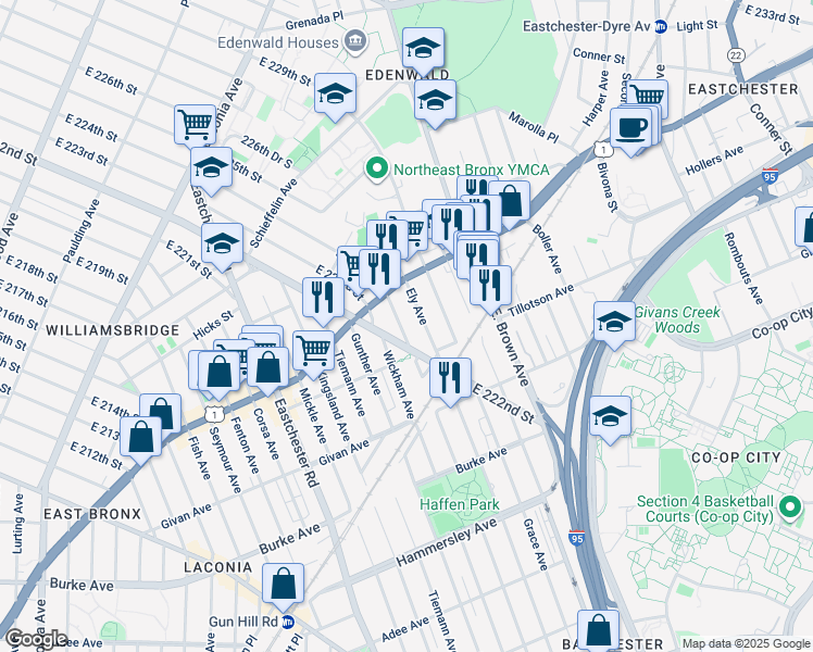 map of restaurants, bars, coffee shops, grocery stores, and more near 3452 Ely Avenue in The Bronx