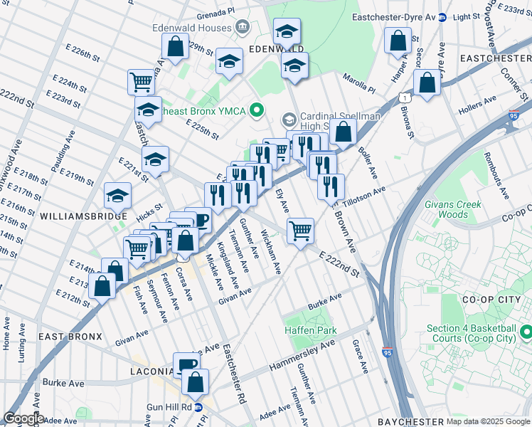 map of restaurants, bars, coffee shops, grocery stores, and more near 3636 Boston Road in Bronx