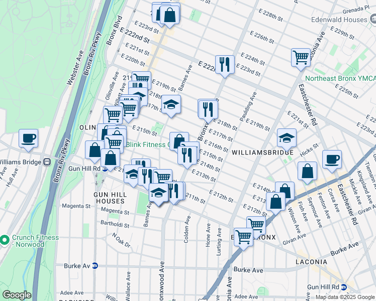 map of restaurants, bars, coffee shops, grocery stores, and more near 874 East 216th Street in The Bronx