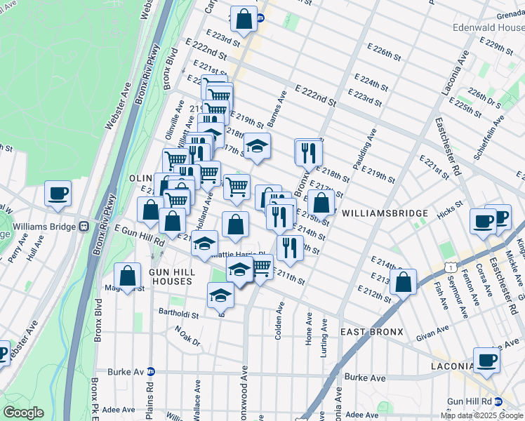 map of restaurants, bars, coffee shops, grocery stores, and more near 837 East 215th Street in Bronx