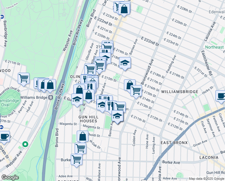 map of restaurants, bars, coffee shops, grocery stores, and more near 753 East 214th Street in Bronx