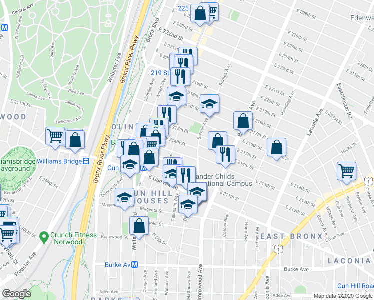 map of restaurants, bars, coffee shops, grocery stores, and more near 753 East 214th Street in Bronx