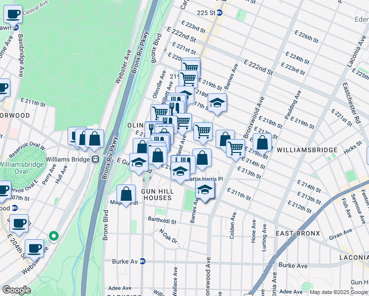 map of restaurants, bars, coffee shops, grocery stores, and more near 753 East 214th Street in Bronx