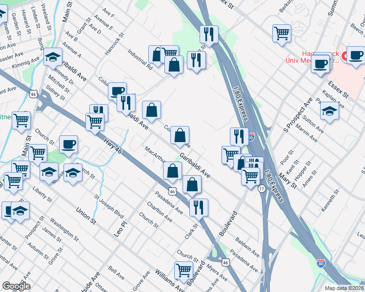 map of restaurants, bars, coffee shops, grocery stores, and more near 248 Columbia Avenue in Lodi