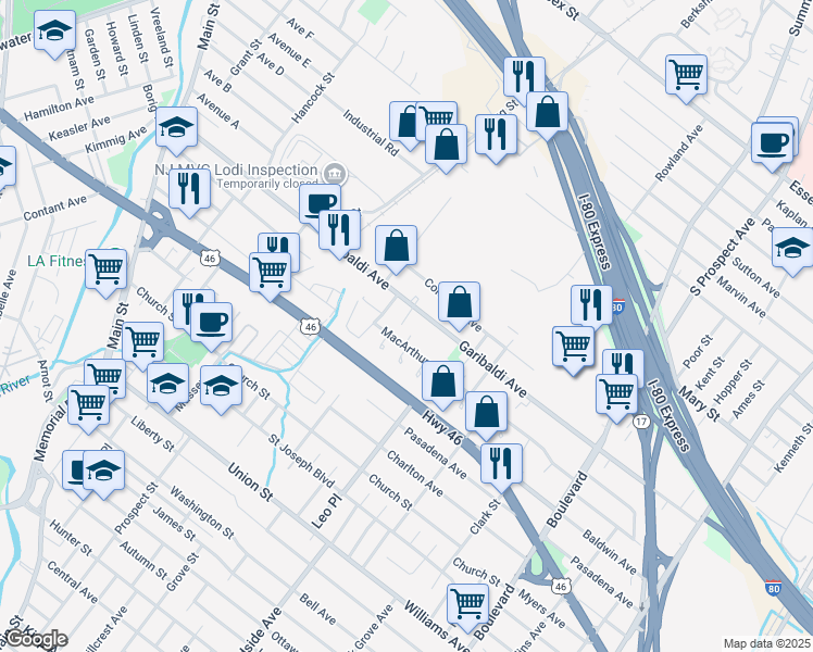 map of restaurants, bars, coffee shops, grocery stores, and more near 273 Garibaldi Avenue in Lodi