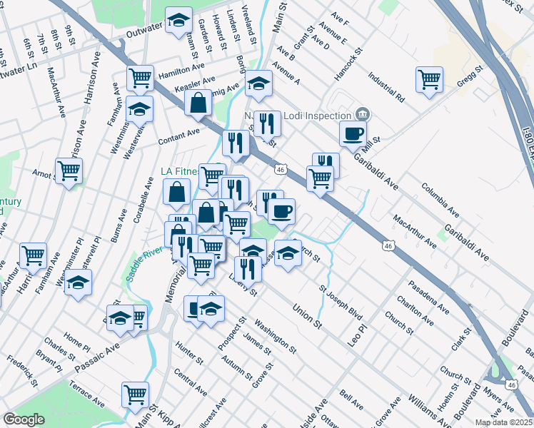map of restaurants, bars, coffee shops, grocery stores, and more near 9 Hope Street in Lodi