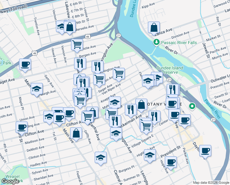 map of restaurants, bars, coffee shops, grocery stores, and more near 109 Van Riper Avenue in Clifton