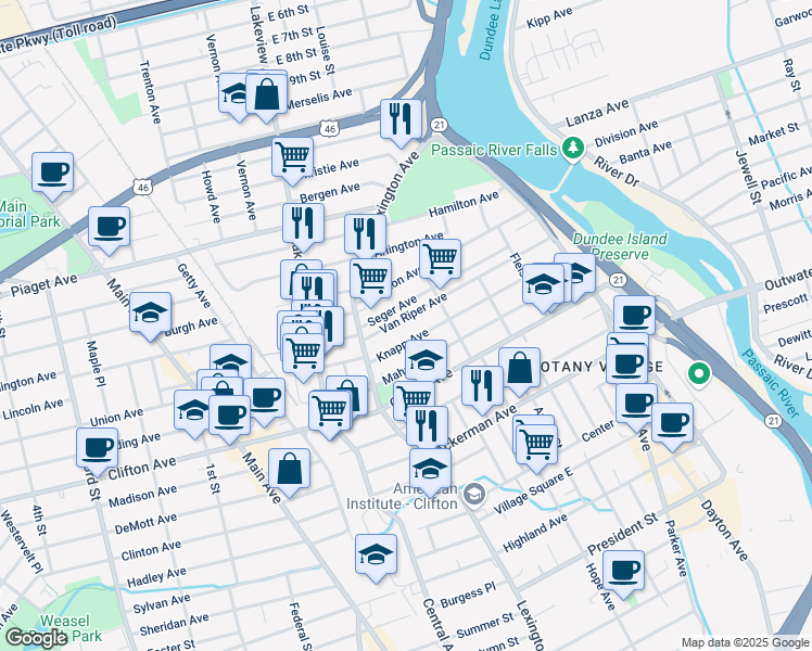 map of restaurants, bars, coffee shops, grocery stores, and more near 140 Van Riper Avenue in Clifton