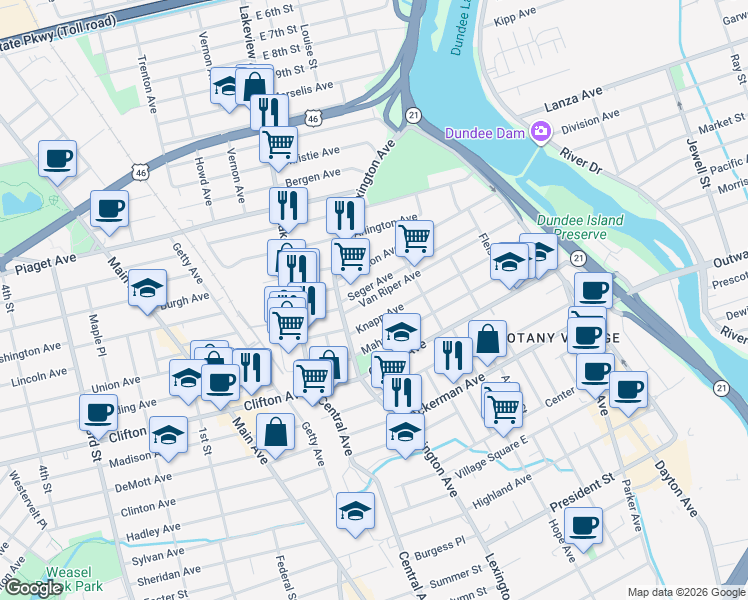 map of restaurants, bars, coffee shops, grocery stores, and more near 140 Van Riper Avenue in Clifton