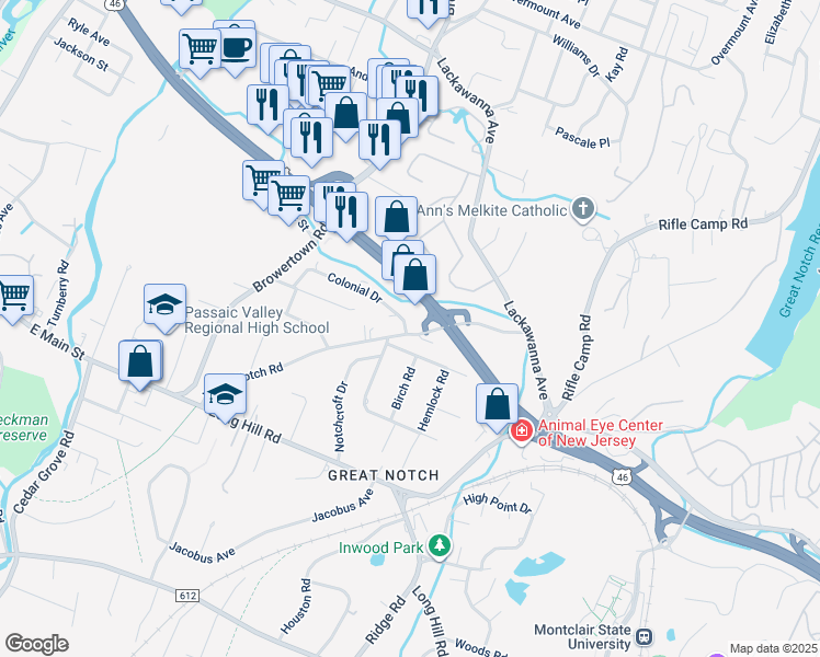 map of restaurants, bars, coffee shops, grocery stores, and more near 555 U.S. 46 in Little Falls