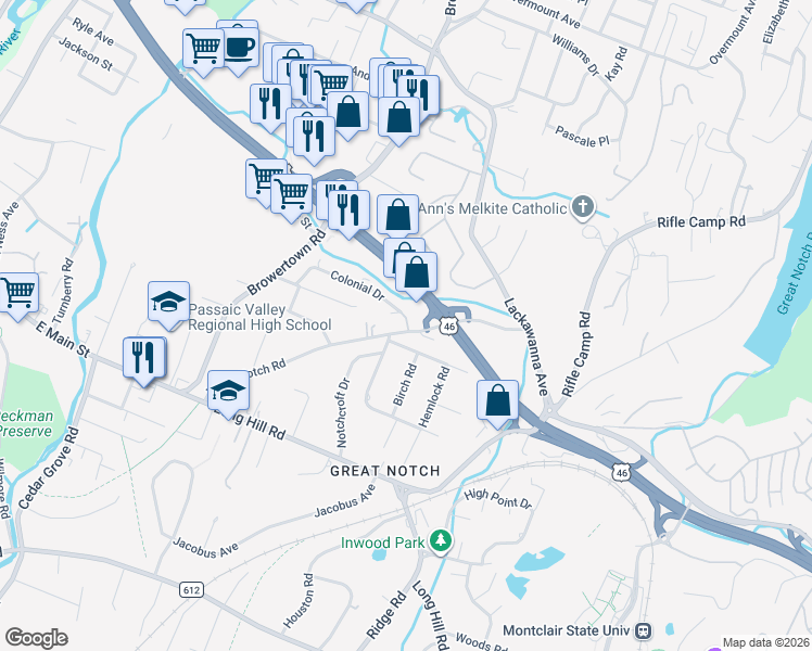 map of restaurants, bars, coffee shops, grocery stores, and more near 555 U.S. 46 in Little Falls