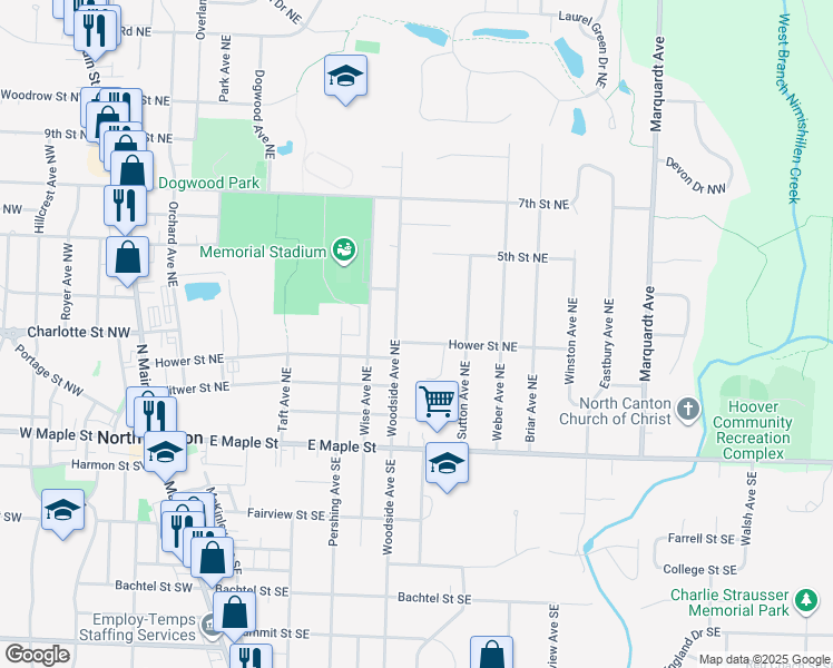 map of restaurants, bars, coffee shops, grocery stores, and more near 825 Hower Street Northeast in North Canton