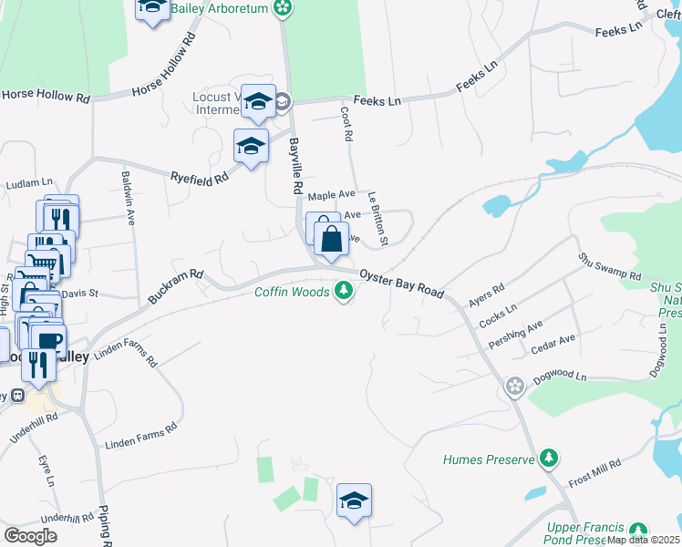 map of restaurants, bars, coffee shops, grocery stores, and more near 4 Matinecock Court in Locust Valley