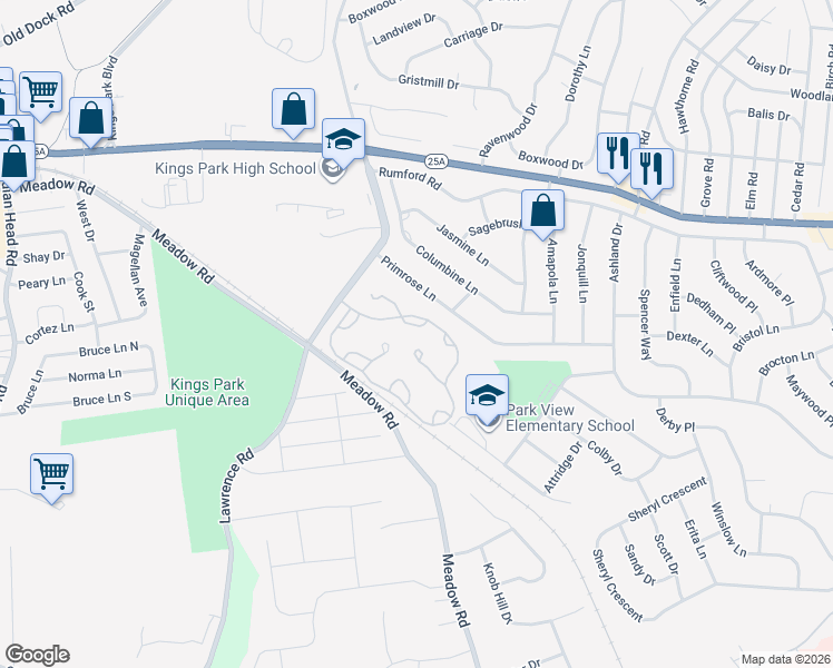 map of restaurants, bars, coffee shops, grocery stores, and more near 52 Primrose Lane in Kings Park