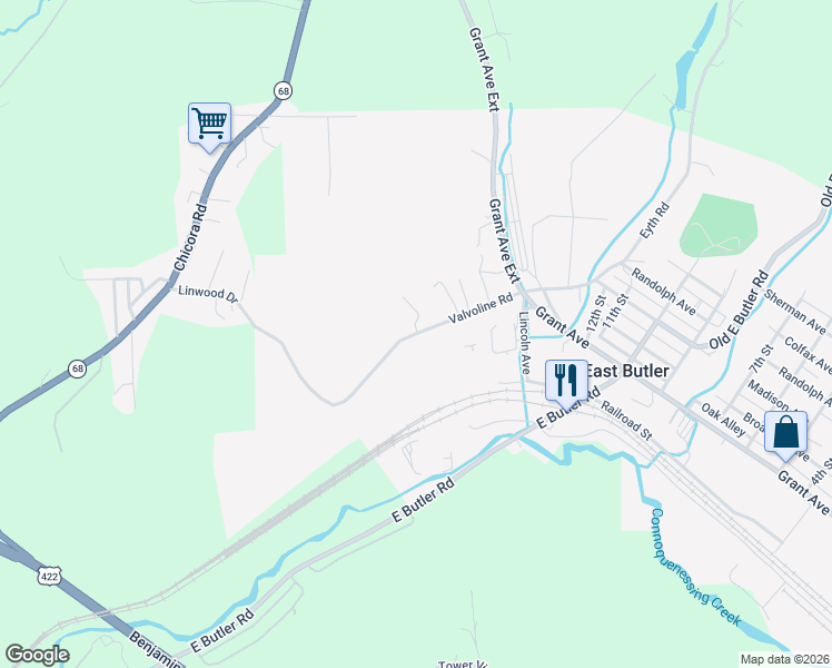 map of restaurants, bars, coffee shops, grocery stores, and more near 141 Valvoline Road in East Butler