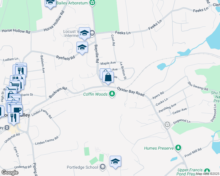 map of restaurants, bars, coffee shops, grocery stores, and more near 11 Oyster Bay Road in Locust Valley
