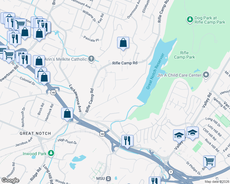 map of restaurants, bars, coffee shops, grocery stores, and more near 769 Rifle Camp Road in Woodland Park