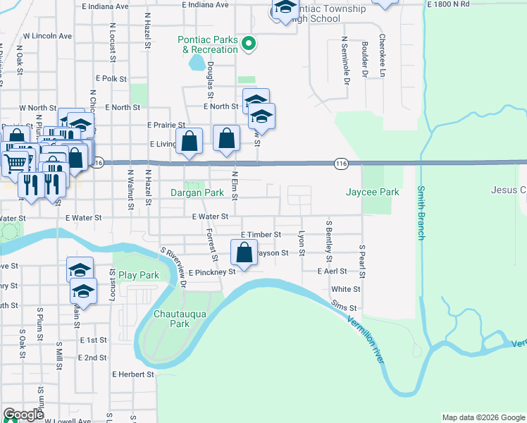 map of restaurants, bars, coffee shops, grocery stores, and more near 934 East Washington Street in Pontiac