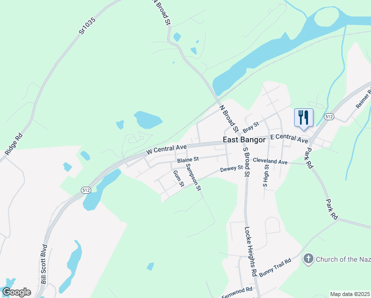map of restaurants, bars, coffee shops, grocery stores, and more near 307 West Central Avenue in East Bangor