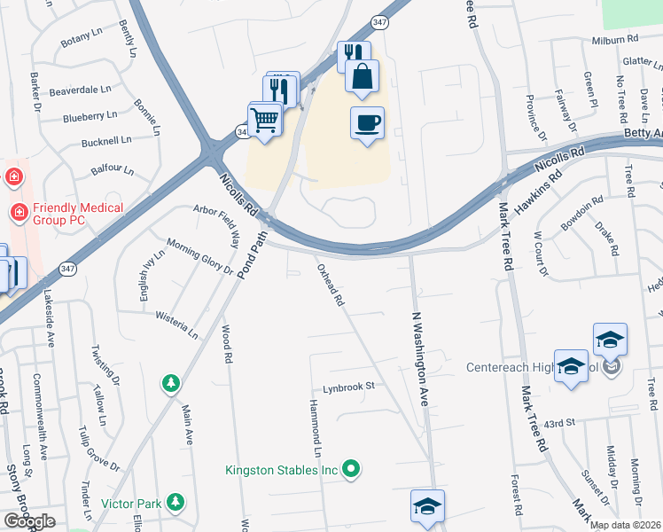 map of restaurants, bars, coffee shops, grocery stores, and more near 16 Hawkins Road in Centereach