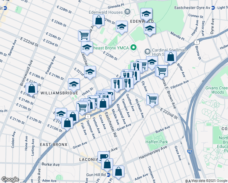 map of restaurants, bars, coffee shops, grocery stores, and more near 3472 Kingsland Avenue in Bronx