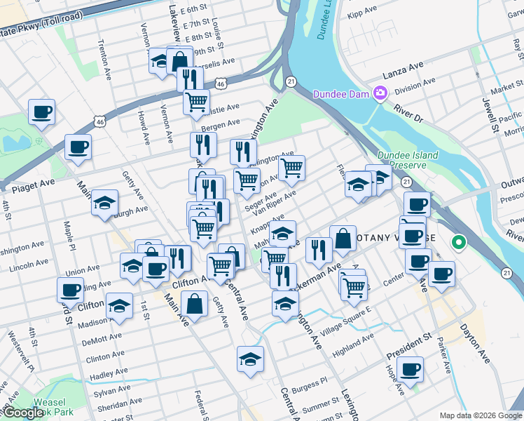 map of restaurants, bars, coffee shops, grocery stores, and more near 140 Van Riper Avenue in Clifton