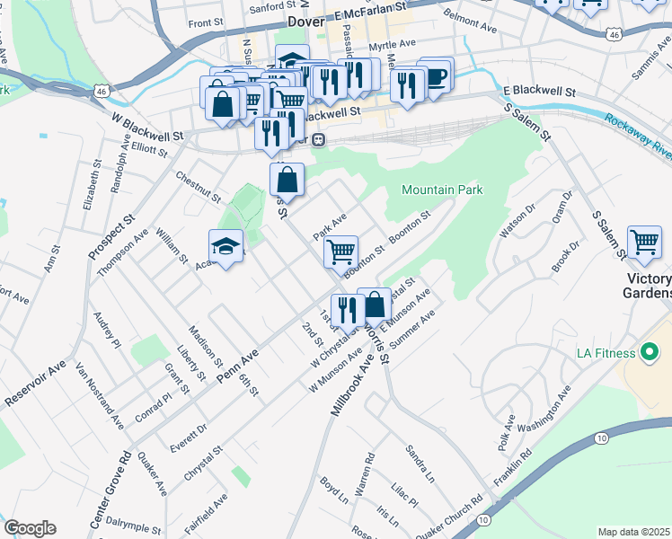 map of restaurants, bars, coffee shops, grocery stores, and more near 18 New Street in Dover