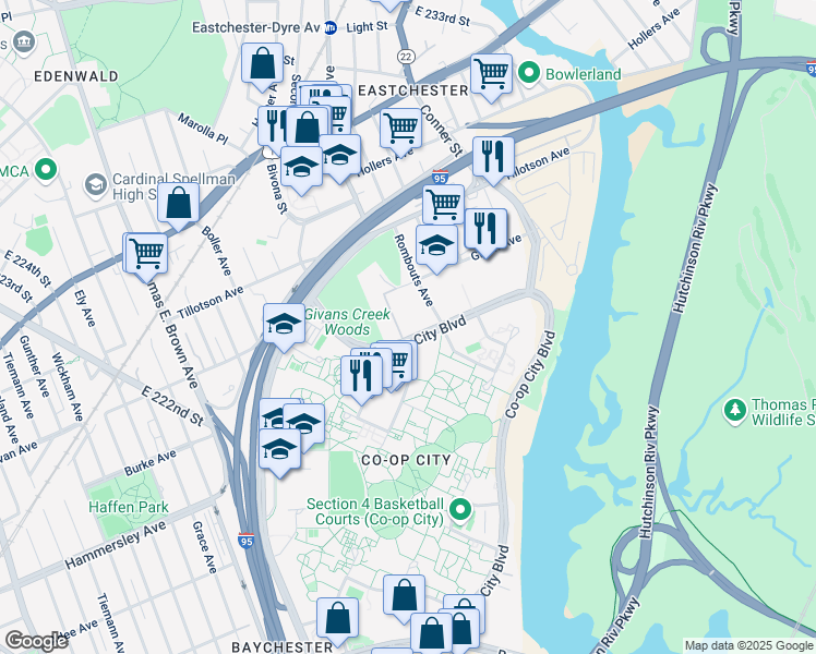 map of restaurants, bars, coffee shops, grocery stores, and more near 777 Co Op City Boulevard in Bronx