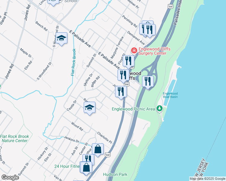 map of restaurants, bars, coffee shops, grocery stores, and more near 33 John Street in Englewood Cliffs