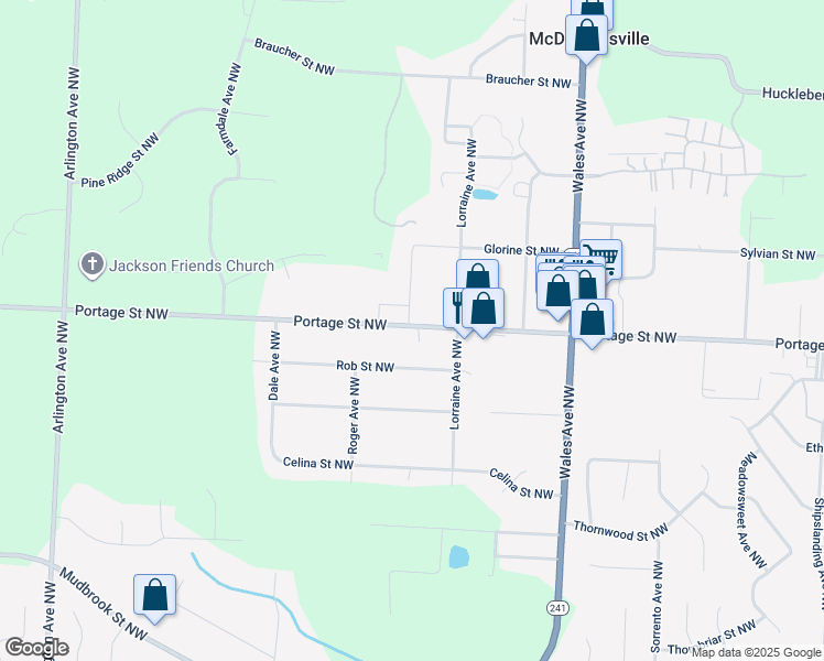 map of restaurants, bars, coffee shops, grocery stores, and more near 7354 Portage Street Northwest in Massillon