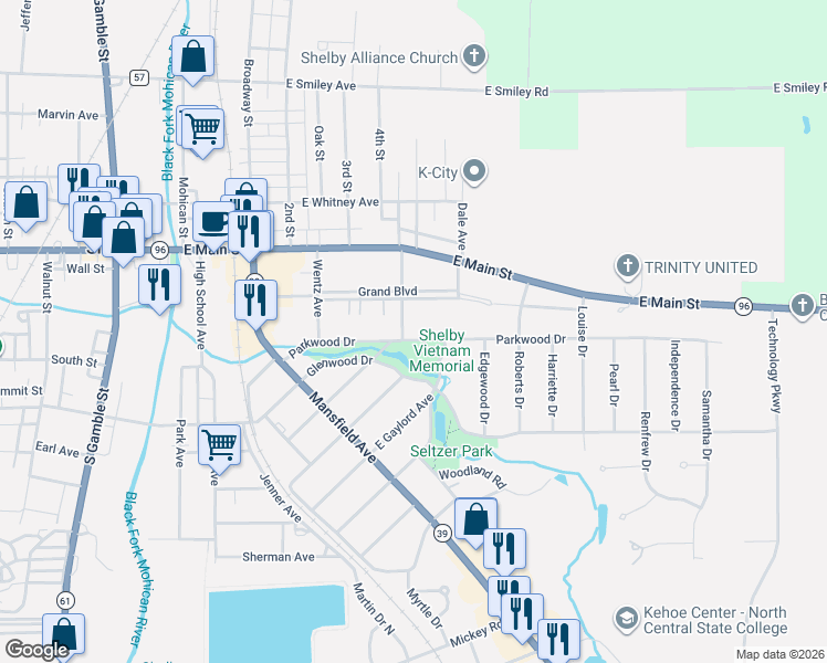 map of restaurants, bars, coffee shops, grocery stores, and more near 44 Grand Boulevard in Shelby