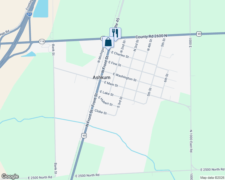 map of restaurants, bars, coffee shops, grocery stores, and more near 124 East Main Street in Ashkum