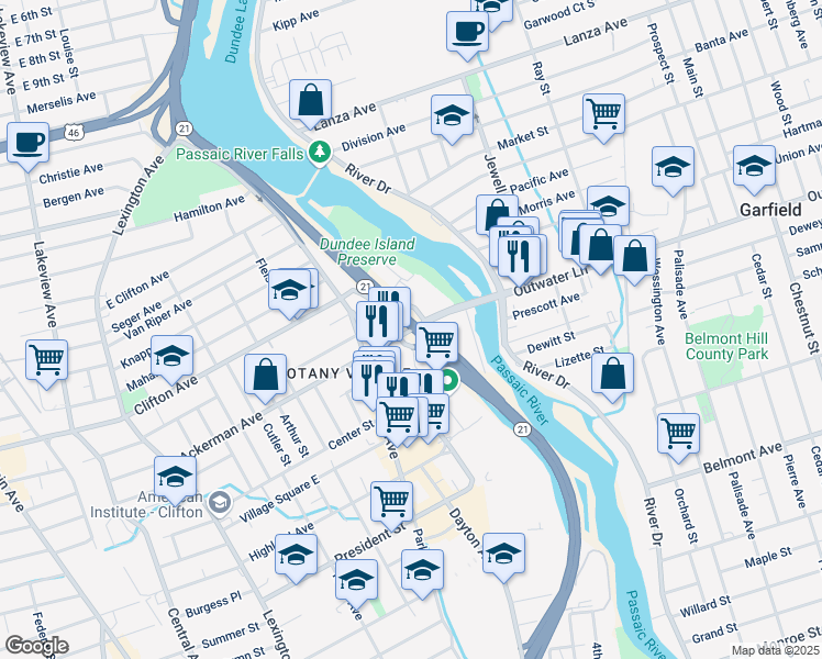 map of restaurants, bars, coffee shops, grocery stores, and more near 19 Ackerman Avenue in Clifton