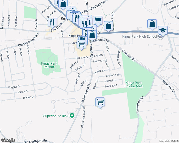 map of restaurants, bars, coffee shops, grocery stores, and more near 3 La Salle Lane in Kings Park