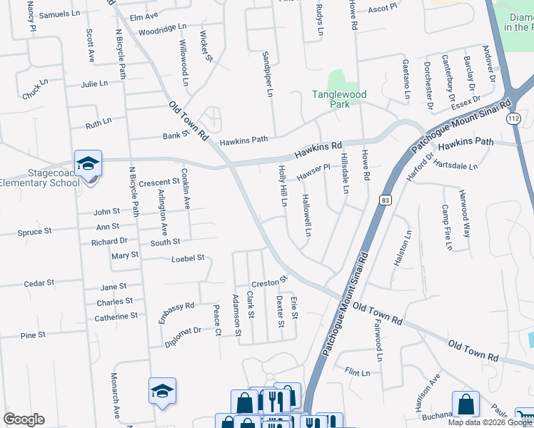 map of restaurants, bars, coffee shops, grocery stores, and more near 12 Holly Hill Lane in Coram